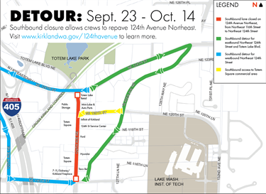 Map of 124th Avenue Northeast detour