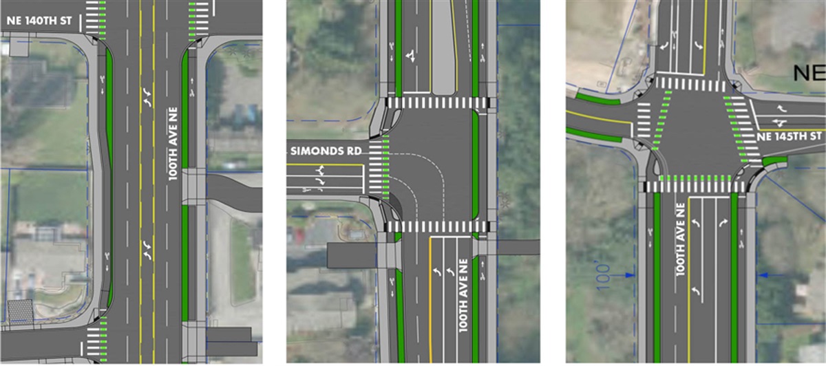 Renderings of 100th Avenue NE and Simonds Road.