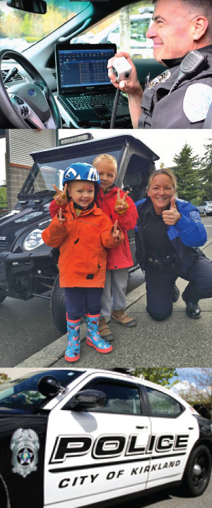 A collage of an officer using a radio in a car - an officer with two children giving thumbs up - a City of Kirkland Police Car