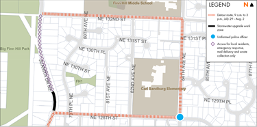 Detour map shows Juanita Drive closed between Northeast 128th and 132nd streets.